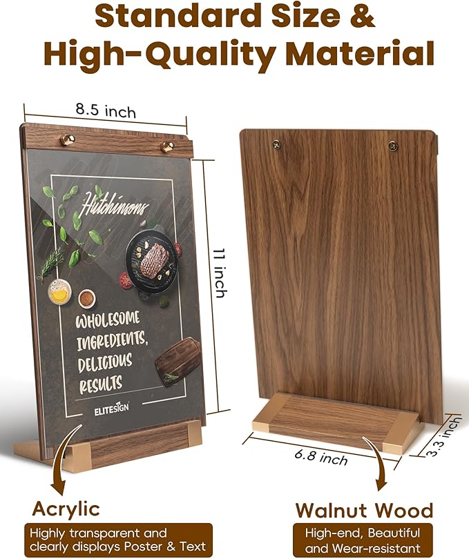 3Pack Acrylic Sign Holders 8.5 x 11 with Walnut Wood Base, Tabletop Clear Commercial Display Stand for Menu, Poster, Flyer, Table Paper Frame for Restaurant/Office/Coffee Shop Store Bar/Wedding/Hotel