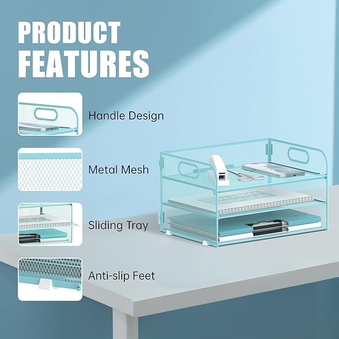 Daltack 3-Tier Paper Organizer with Handle, Mesh Desk Organizer Letter Tray, Blue
