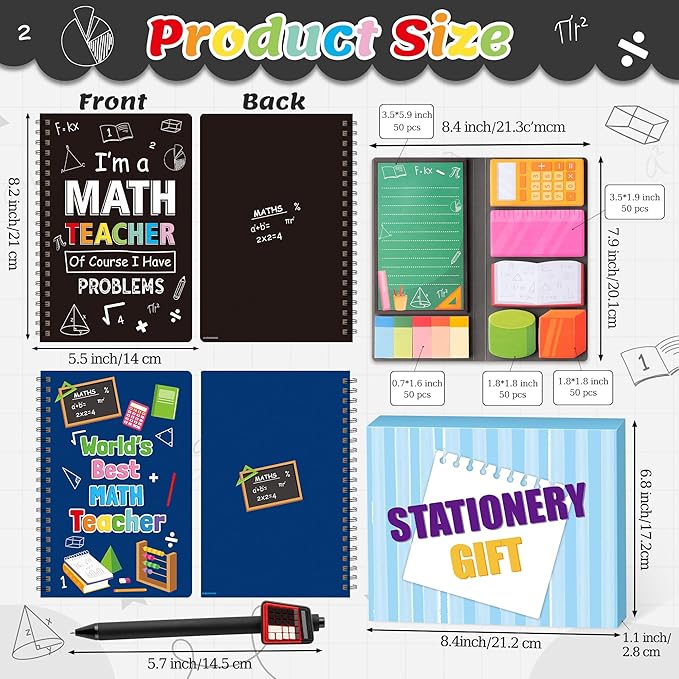 B1ykin Stationery Gift Set - 3Pcs Notebook Sticky Notes, A5 Spiral Notebooks & 550 Sheets Cute Sticky Notes with Pens Kit for Office School Teacher Thanksgiving Supplies (Math Teacher)