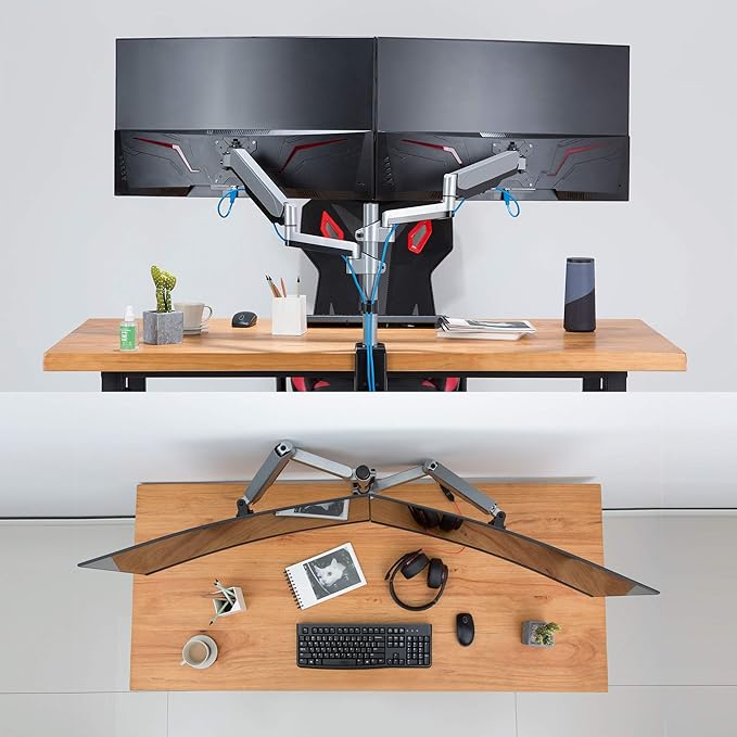 AVLT Dual 13"-27" Stacked Monitor Arm Desk Mount - Fits Two Flat/Curved Monitors, Full Motion Height Swivel Tilt Rotation Adjustable - VESA/C-Clamp/Grommet/Cable Management