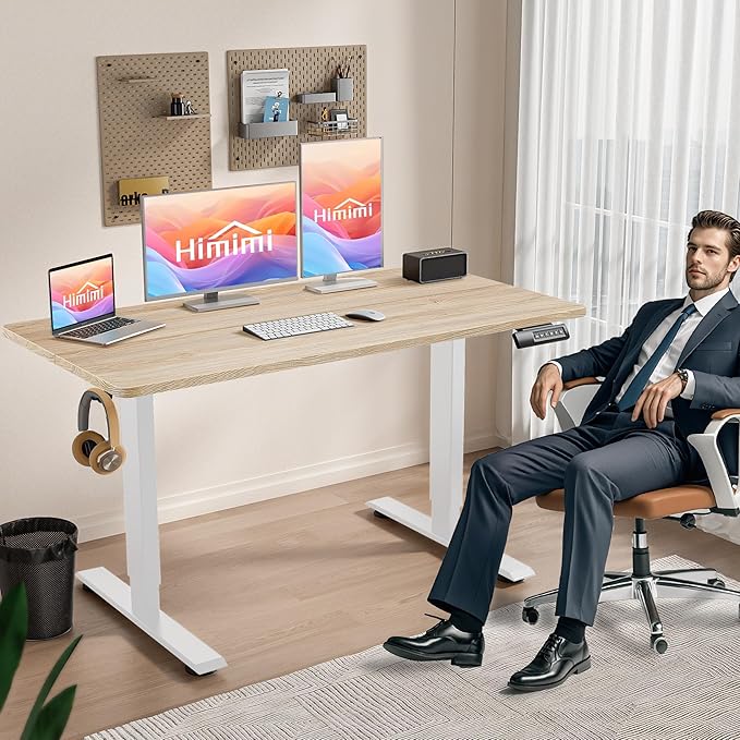 Himimi Electric Standing Desk 55 x 24 inch for Home Office,Sit-Stand Adjustable Desk with Memory Presets,Height Adjustable Desk for Gaming/Working,Free Hook, Lockable Wheels,Mouse Pad,Oak