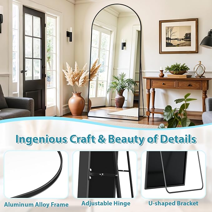 Full Length Mirror, 71"x32" Oversized Floor Mirror Freestanding, Full Body Mirror Floor Standing Mirrors with Stand, Hanging Mounted Mirrors for Bedroom Living Room, Black, Arched Style