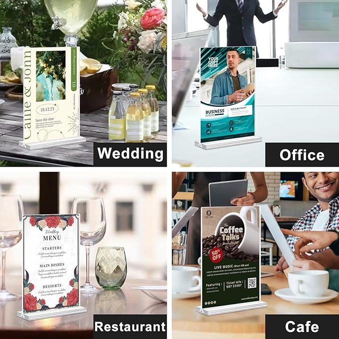 Acrylic Sign Holder 5.5x8.5 Inches 4 Pack, Double Sided Clear Display Stand Table Top Sign Paper Holder, Vertical Menu Flyer Holder, Plastic Sign Frame for Stores, Restaurants, Hotels, Office