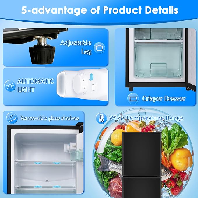 Compact Refrigerator with Freezer 4.3 Cu. Ft. 2-Door Dorm Fridge with Adjustable 7-Level Thermostat, Small Refrigerator with Freezer for Home, RV, College Dorm, Apartment, Office, Black