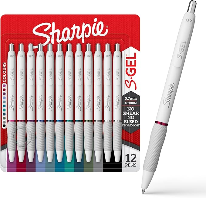 Sharpie S-Gel Pens, Fashion Barrel Gel Pens, Pearl White Body, Medium (0.7mm) Point, Bold Ink Colors, 12 Count