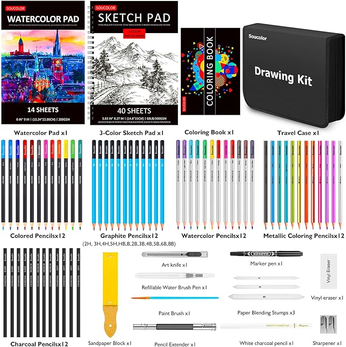Soucolor 76 Pack Drawing Set Sketching Pencils Kit with 3-Color Sketch Book, Watercolor Pad, Coloring Book, Colored, Graphite, Charcoal, Watercolor, Metallic Pencils for Artists Adults Teens Beginner