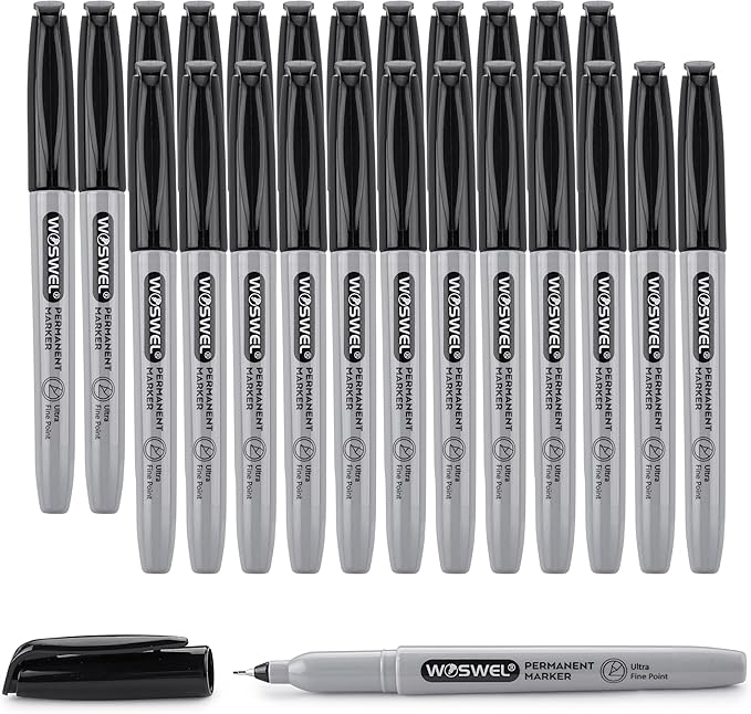 Ultra Fine Permanent Marker Bulk,24 Pack Ultra Fine Point Black Permanent Marker set, Felt Tip Pens Works on Plastic, Wood, Stone, Metal and Glass for Doodling, Marking