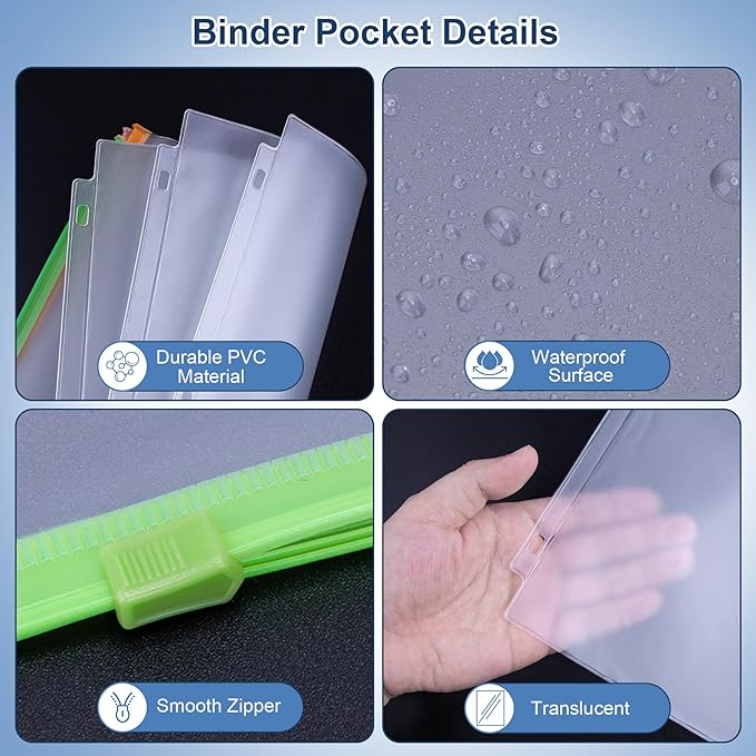 Antner 50PCS Letter Size Binder Pockets for 3 Ring Binder, 10 Assorted Colors Zipper Pouches Waterproof PVC Document Organizer File Folders 3-Hole Loose Leaf Insert Bags Page Sleeves Sheet Protectors