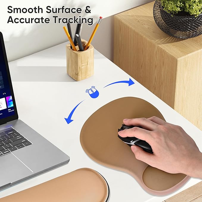 Wrist Rest Support for Mouse Pad Keyboard Set Circle Coaster Gaming Mouse Pad Ergonomic Gel Memory Foam Set for Computer, Laptop, Office, Pain Relief, Comfortably Typing Brown KM-32