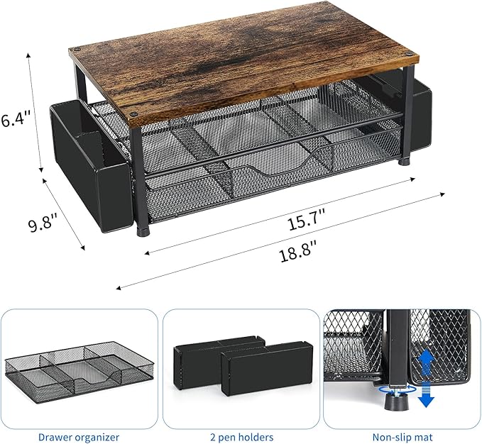 Wood Desk Organizers and Accessories, 2-Tier Computer Monitor Stand Riser with Drawer, Pen Storage & Phone Holder, Office Desk Accessories, Workspace Desktop Organization for Office Supplies（Brown）