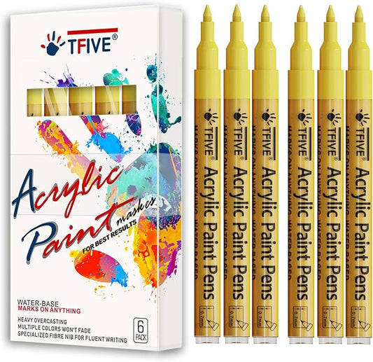 Yellow Marker Paint Pens - 6 Pack Acrylic Yellow Permanent Marker, 0.7mm Extra Fine Tip Paint Pen for Art Projects, Drawing, Rock Painting, Ceramic, Glass, Wood, Plastic, Metal, Canvas DIY Crafts