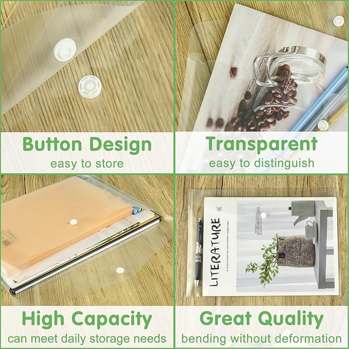 NACHLYNN 18 Pack Plastic Envelopes Poly Envelopes with Snap Closure A4 Size Clear Document File Folders Organizers Clear Envelope for School Office Supplies