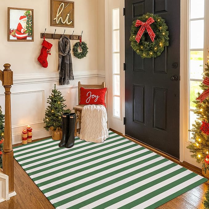 Christmas Green & White Striepd Rug - 3' x 5' Outdoor Front Door Decor Mat Cotton Washable Hand-Woven Rug Christmas New Year Holiday Porch Entryway Layered Doormat
