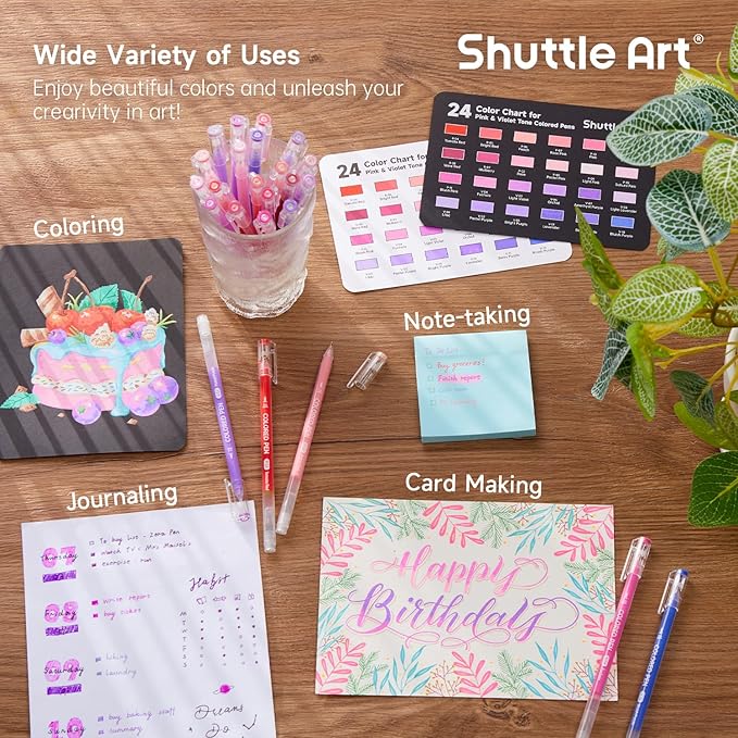 Shuttle Art Colored Pens, 24 Pink & Purple Tone Colors Cute Journal Pens 0.6mm Fine Point Colored Gel Pens for Black Paper Adult Coloring Writing Drawing Journaling Note Taking School Office Home