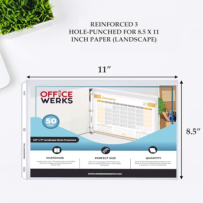 Performore 50 Sheet Protectors, Landscape Clear Sheet Protectors 8.5 X 11 Inch for 3 Ring Binder, Plastic Sheet Sleeves, Top Loading with 3 Hole-Punched Archival Safe, Non-Stick and Long-Lasting