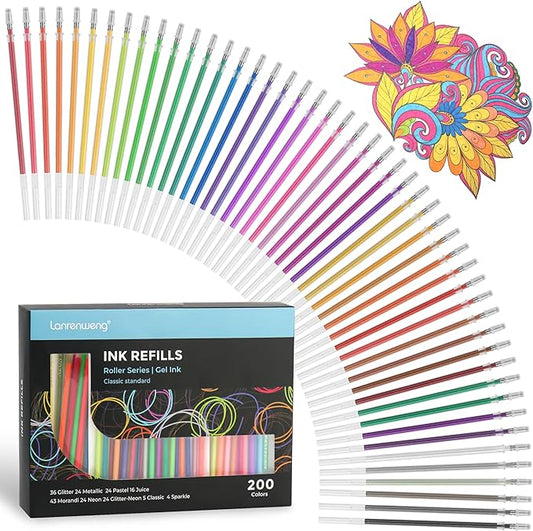 200 Colors Gel Pen Refills, Glitter Neon Gel Ink Pens Refills,Replace Cartridges for Gel Pens Set,9 Color Type for Kids Adult Coloring Books Drawing Doodling Crafts Scrapbooking Journaling,No Repeats