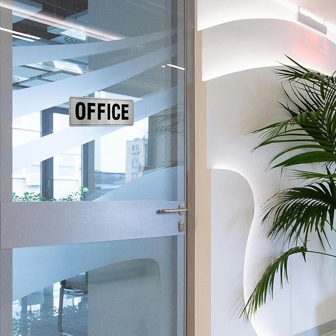 Office Sign Aluminum Silver 9 x 3 Inches Self-Adhesive Waterproof Metal Door Wall Sign for Business Offices 4 Pack