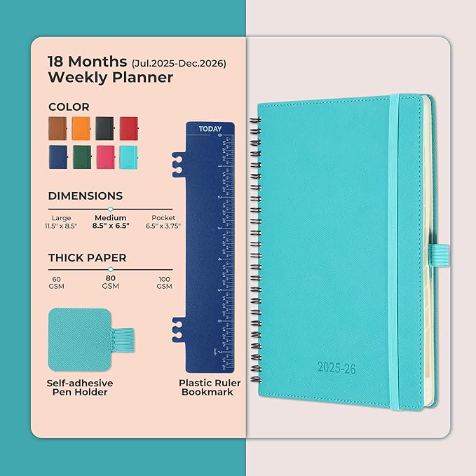 Planner 2025-2026 Daily Weekly and Monthly,8.5"x6.5",18 Months Spiral Bound Calendar Agenda with Self-adhesive Pen Holder,2026 Academic Plan with Vegan Leather Soft Cover,Light Blue