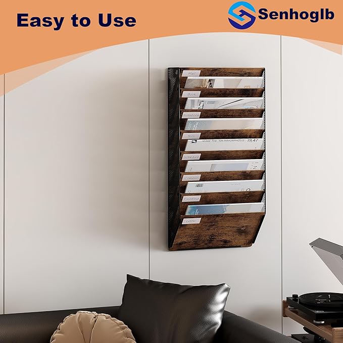 Metal Wall File Folder Organizer, 8-Tier Mesh Hanging Wall File Organizer, Magazine Rack With Pockets, Wood Document Holder for Office Home, Brown