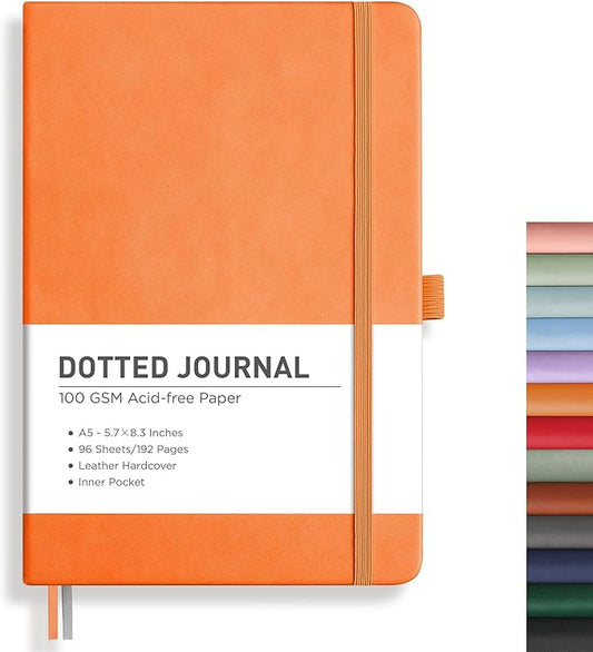 RETTACY Bullet Dotted Journal Notebook, 192 Pages, A5 Medium Size (5.7'' x 8.3''), Leather Hardcover, 100 GSM Thick Paper, for Bullet Journaling, Planning, Tracking (Orange)