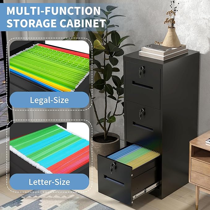 3 Drawer File Cabinet with 3 Locks, Metal Filing Cabinet Heavy Duty Vertical File Cabinets for Home Office, Steel File Storage Cabinets for Letter/Legal File Folders, Assembly Required (Black)