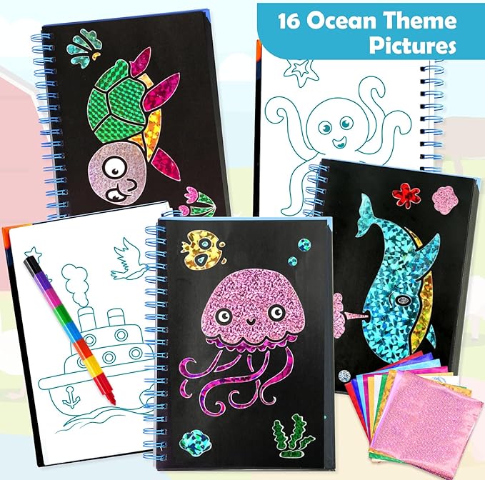 FUNNYB&G Foil Art Craft for Kids - Christmas Crafts Gift Party Favors Stocking Stuffers for Kids Fun Art Supplies Creative Birthday Gift Travel Toys for Girls Boys 4 5 6 7 8 9 Years Old(Ocean)