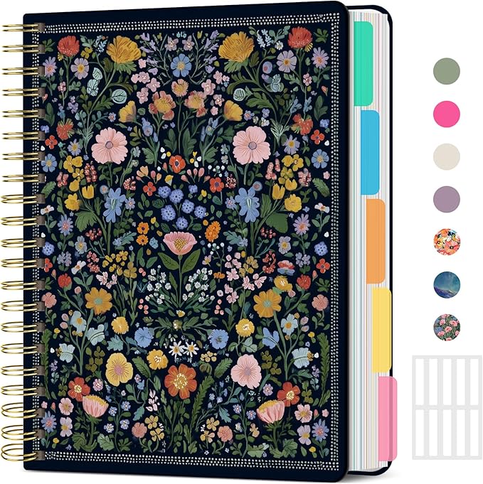 Hardcover Spiral Journal Notebooks for Work With Removable Dividers & Tabs, 8.5"x11" 5 Subject Notebook for Note Taking & Organizer, A4 College Ruled Lined Journal for Women & Writing, Garden of Whimsy, 280 Pages