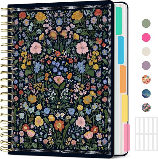 Hardcover Spiral Journal Notebooks for Work With Removable Dividers & Tabs, 8.5"x11" 5 Subject Notebook for Note Taking & Organizer, A4 College Ruled Lined Journal for Women & Writing, Garden of Whimsy, 280 Pages