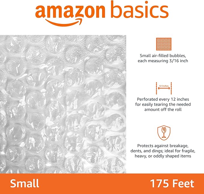 Amazon Basics Bubble Cushioning Wrap Packing Material for Fragile Items, Perforated, 12 inch x 175 ft Long Roll, Small 3/16", Clear