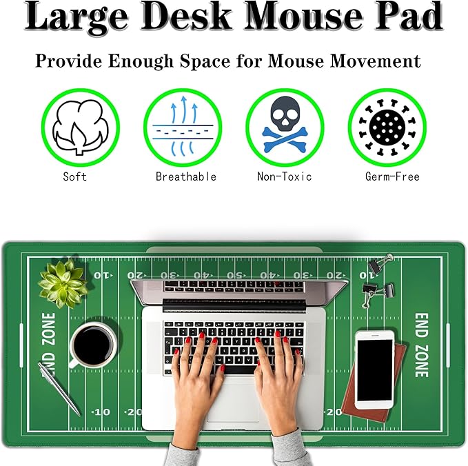 Green Desk Pads, Large Non-Slip Mousepads, Gaming Desk Pad - 35.4 X 15.7 inch for Work, Game, Home - American Football Field
