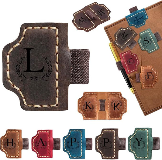 Custom Bygone Mark Bookmark with Pen Holder, 26 Letters Name Initial Personalized Magnetic Leather Bookmark, Gifts for Book Lovers, Readers, Travelers, Leather Book Marks (Dark Brown, L)