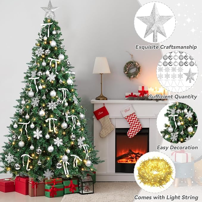 86Pcs Led Light Silver Christmas Tree Decorations Set 100 Led Light Christmas Star Trees Topper with String Lights Xmas Balls Snowflakes Ornaments Bows Xmas Trees Decor 20m Light String