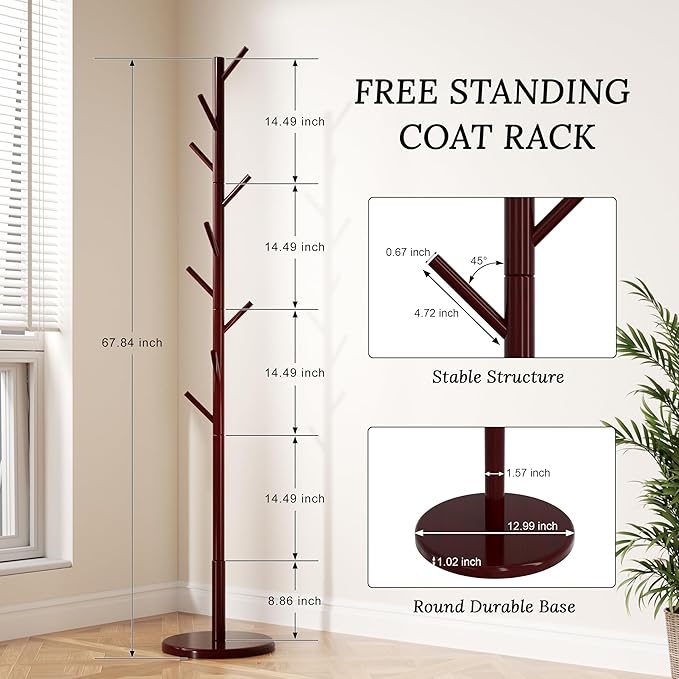 Wooden Coat Rack Freestanding Coat Tree with 4 Height Options and 9 Hooks, Sturdy Coat Rack Stand for Clothes/Bags/Hats, Easy Assemble Save Space for Entryway,Bedroom,Office,Narrow Place (Brown)