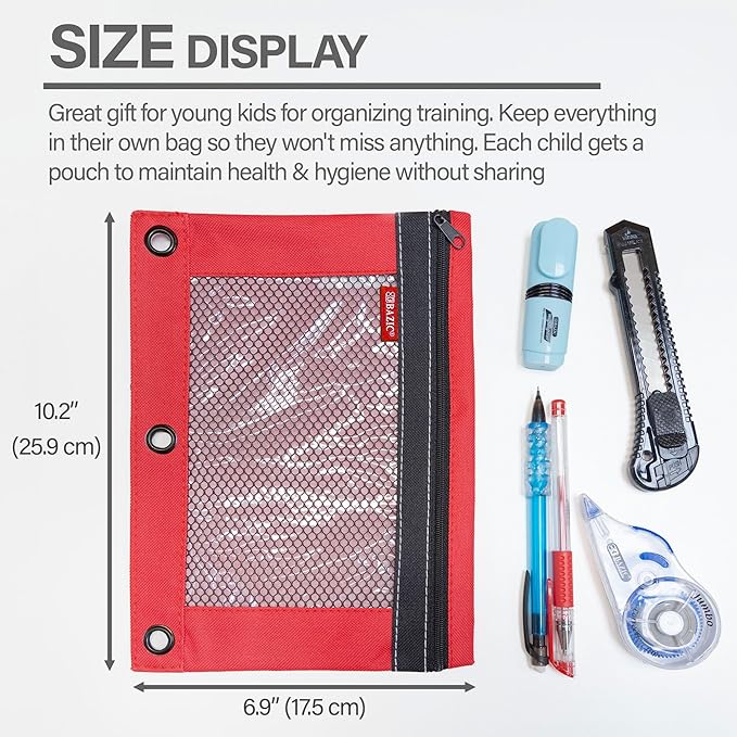 BAZIC Pencil Pouch 3 Ring Binder Pouch w/Rivet Enforced Rings Holes, Assorted Color Mesh Window Zipper Pouches, 24-Pack