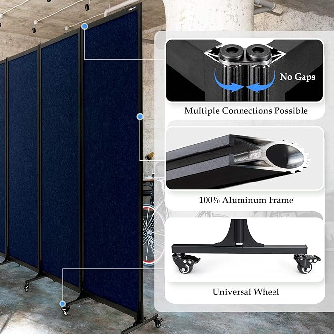 Upgrade Version Room Partition and Divider, Freestanding Rolling Dividers with Wheels,Office Privacy Screen Divider Wall,Classroom Felt Dividers,6'L* 6'7"H,3 Panel,Blue