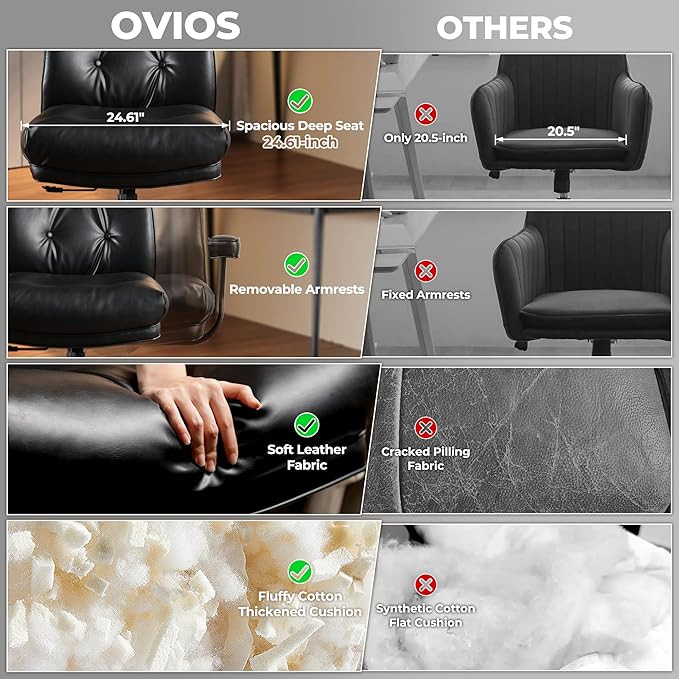 ovios Ergonomic Home Office Chair, Mid-Century Modern Faux Leather Chairs with Thickened Cushions, Comfy High Back Swivel Rolling Executive Computer Armchair (Black, PU Leather)