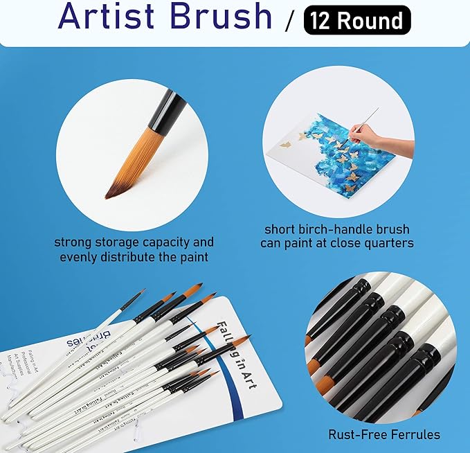 Falling in Art Paint Brushes Set, 12 PCS Nylon Professional Round Paint Brushes for Watercolor, Oil Painting, Acrylic, Face Body Nail Art, Crafts, Rock Painting