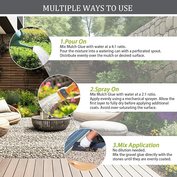 Mulch Glue for Landscaping 1.25 Gallon, Long-Lasting Rock Glue Gravel Binder, Strong Rubber Mulch Stabilizer Landscape Mulch Anchor for Pea Gravel, Max Concentrated Stones Lock Adhesive