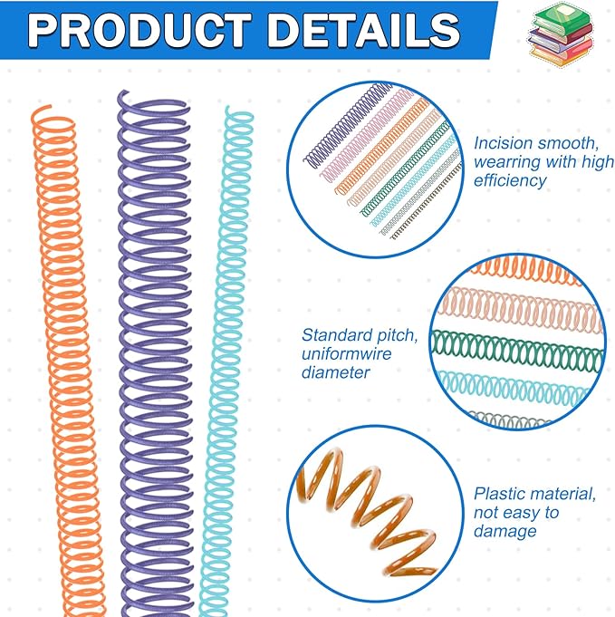 120 Pack Plastic Spiral Binding Coils Binder Binding Spirals Rings Multi Size Spiral Binding Wire Combs Spines Coils, 4:1 Pitch, 1/4 5/16 3/8 1/2 9/16 5/8 3/4 7/8 Inch (Pastel Color)