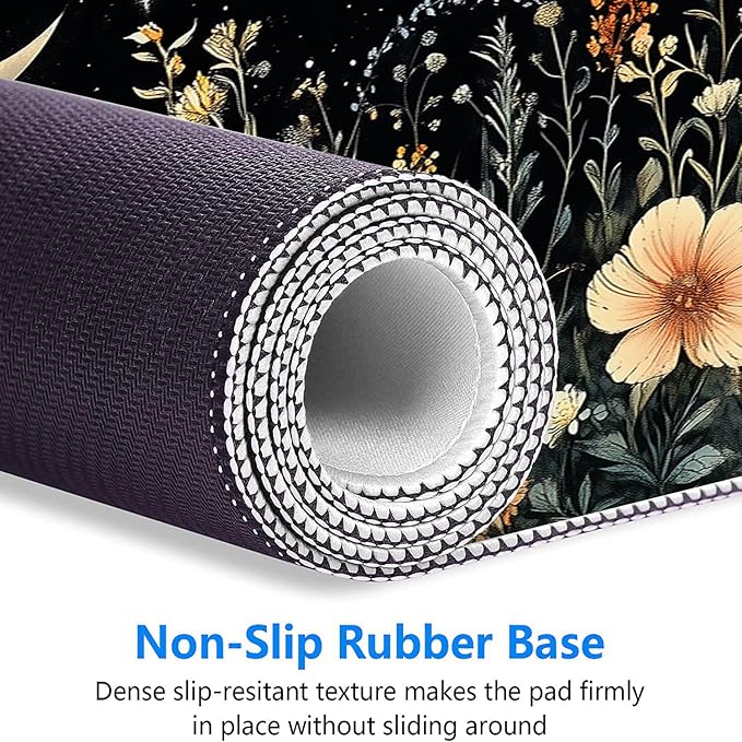 Cute Mystical Plants Desk Pad Whimsical Moon Stars Extended Gaming Mouse Mat with Stitched Edge Non-Slip Base - Big Office Computer Keyboard Laptop Home - 31.5"x11.8"