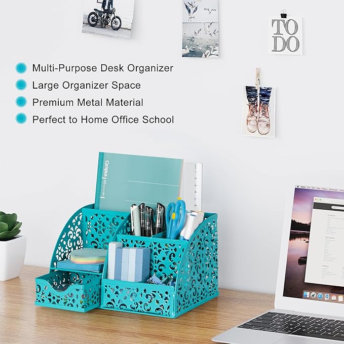 EasyPAG Pen Holder Desk Organizer with Drawer Pencil Cup for Desk 6 Compartments Metal Office Caddy Storage with Sticky Notes Holder for School Home Office, Dark Teal