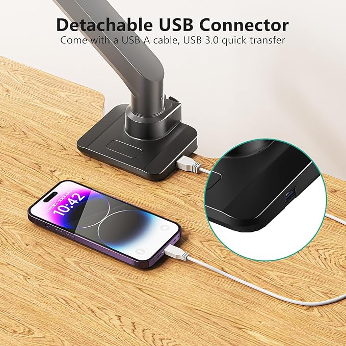 WALI Single Monitor Gas Spring Desk Mount, Heavy Duty Monitor Arm for Ultrawide Screen up to 49 inch, 44 lbs with USB. Fully Adjustable, Mounting Holes 75 and 100 (GSMU001XL), Black