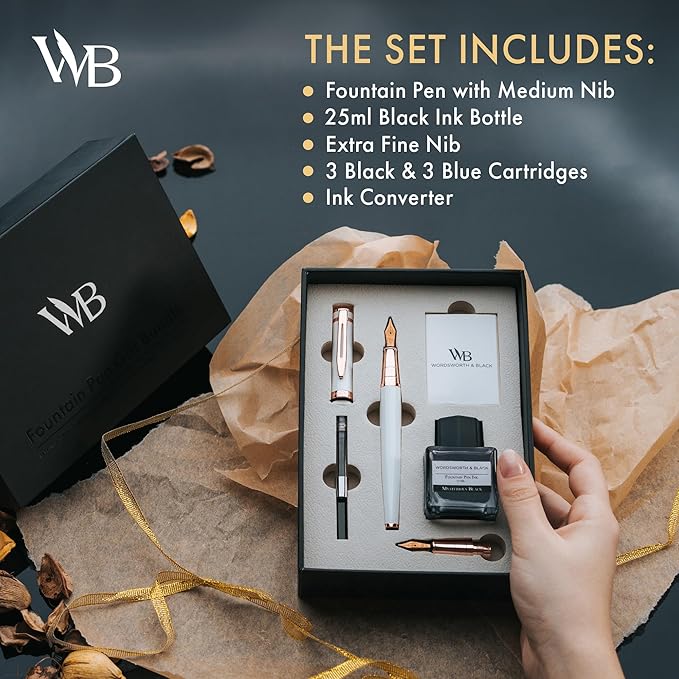 Wordsworth & Black Fountain Pen Set,18K Gilded Medium & Extra Fine Nib,25ML Black Ink Bottle,6 Ink Cartridges,Refill Converter,Gift Box,Smooth Writing Pen [White Rose Gold],Gift Set for Men and Women