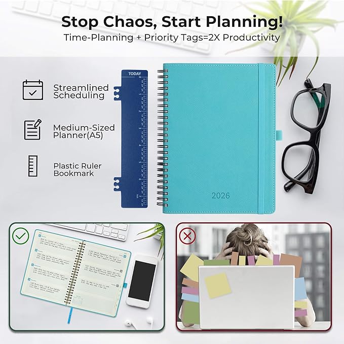 Planner 2026 Daily Weekly and Monthly,8.5"x6.5",12 Months Spiral Bound Calendar Agenda with Self-adhesive Pen Holder,2026 Appointment Book with Vegan Leather Soft Cover,Light Blue