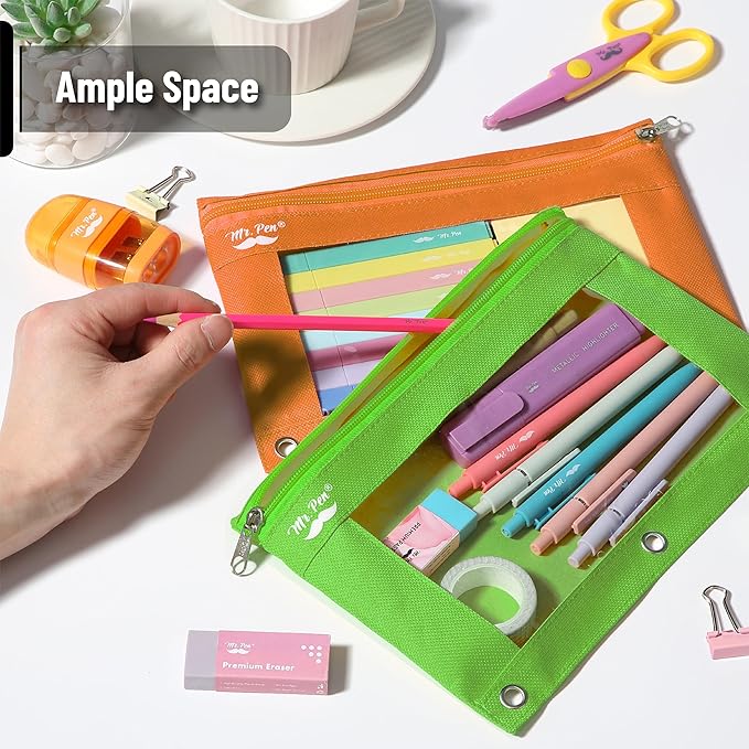 Mr. Pen- 2 Pack Pencil Pouch - Green and Orange Flat Zipper Pouch for 3 Ring Binder