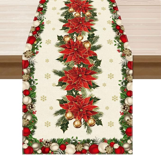XCHI Christmas Poinsettias Leaves Bells Snowflakes Winter Xmas Table Runner Table Decoration for Home Kitchen Dining Holiday Decor 13x120 Inch