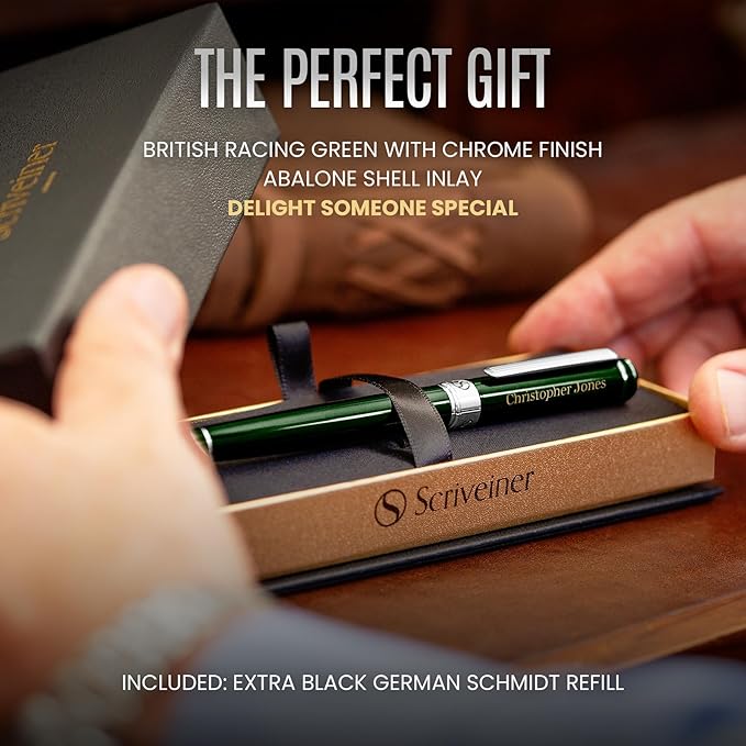 Scriveiner Personalized British Racing Green Pen - Stunning Green Lacquer Luxury Pen with Chrome Finish, Schmidt Ink Refill, Best Engraved Roller Ball Gift Set for Men & Women, Custom Name Engraving