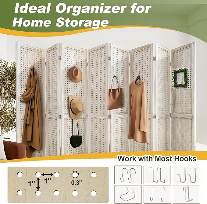 NicBex 8 Panel Pegboard Display,5.6FT Wood PegBoard Room Dividers,Folding Privacy Screens Portable Freestanding Display Board for Craft/Art Shows,Room Separation,Natural Wood