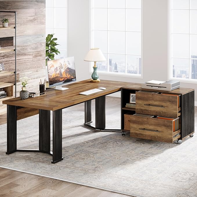 Tribesigns 70.86" Executive Desk with Mobile File Cabinet, Large L Shaped Computer Office Desk with 2 Drawers and Storage Shelves, Business Furniture Desk Workstation for Home Office (Rustic Brown)