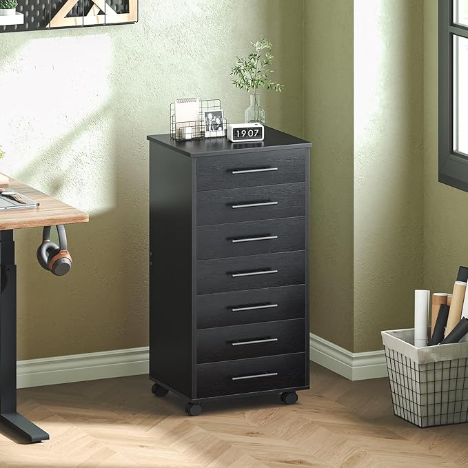 HOOBRO 7-Drawer File Cabinet, Wooden Office Cabinet with Drawers, Mobile Storage Cabinet, for Home Office, Study, Easy Assembly, Black BK07WJ01